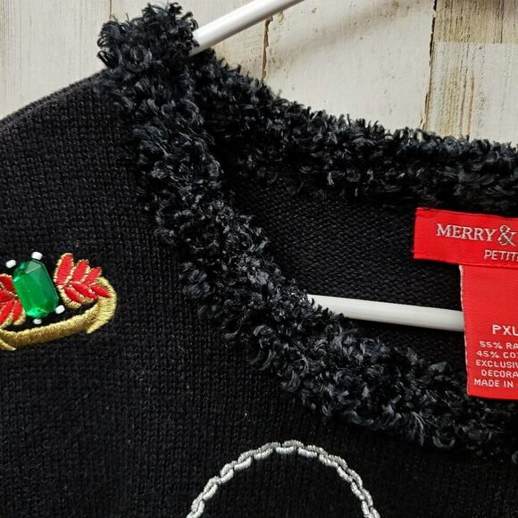 Merry & Bright Embellished Holiday Sweater Black XL Petite - Picture 5 of 7